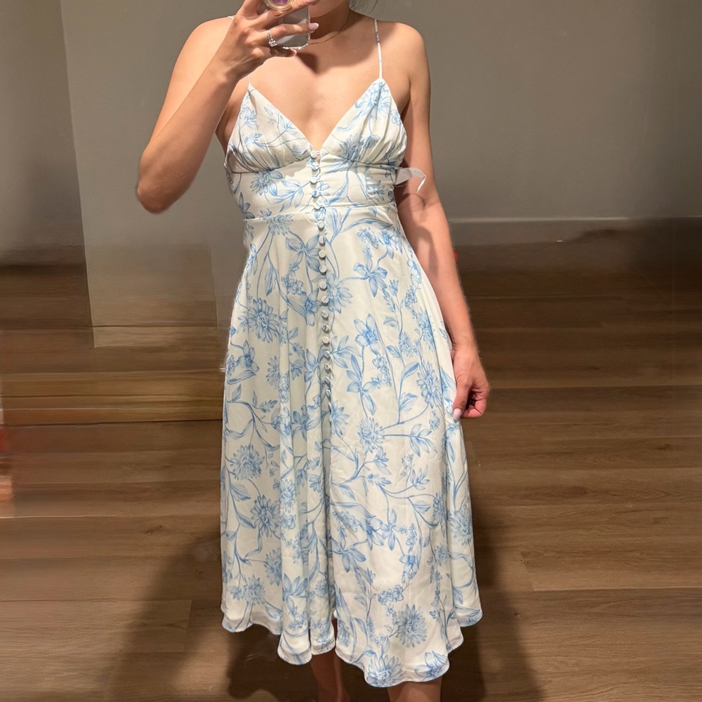 $0 SHIPPING Fame and Partners Blue Floral Spaghetti-Strap Midi Dress